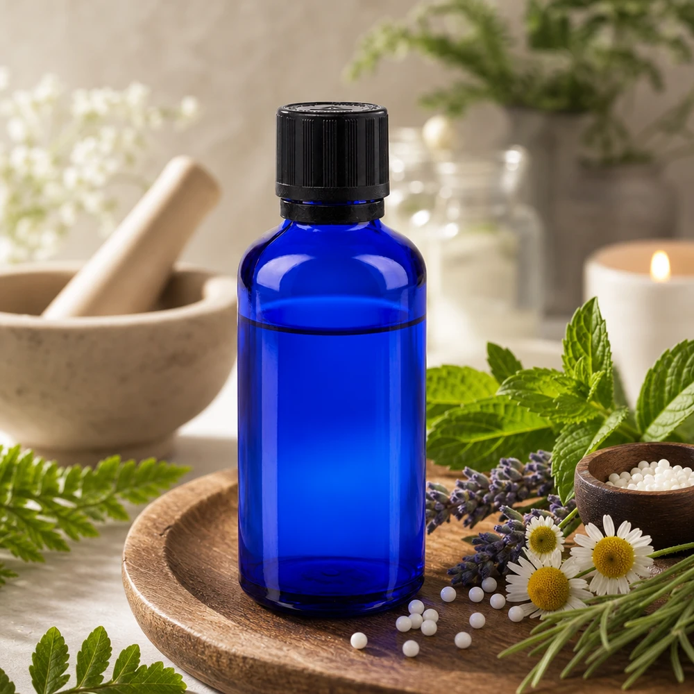 Flacon de pharmacie bleu cobalt de 50 ml muni d'un bouchon de sécurité pour enfants, à côté de la lavande et des plantes médicinales
