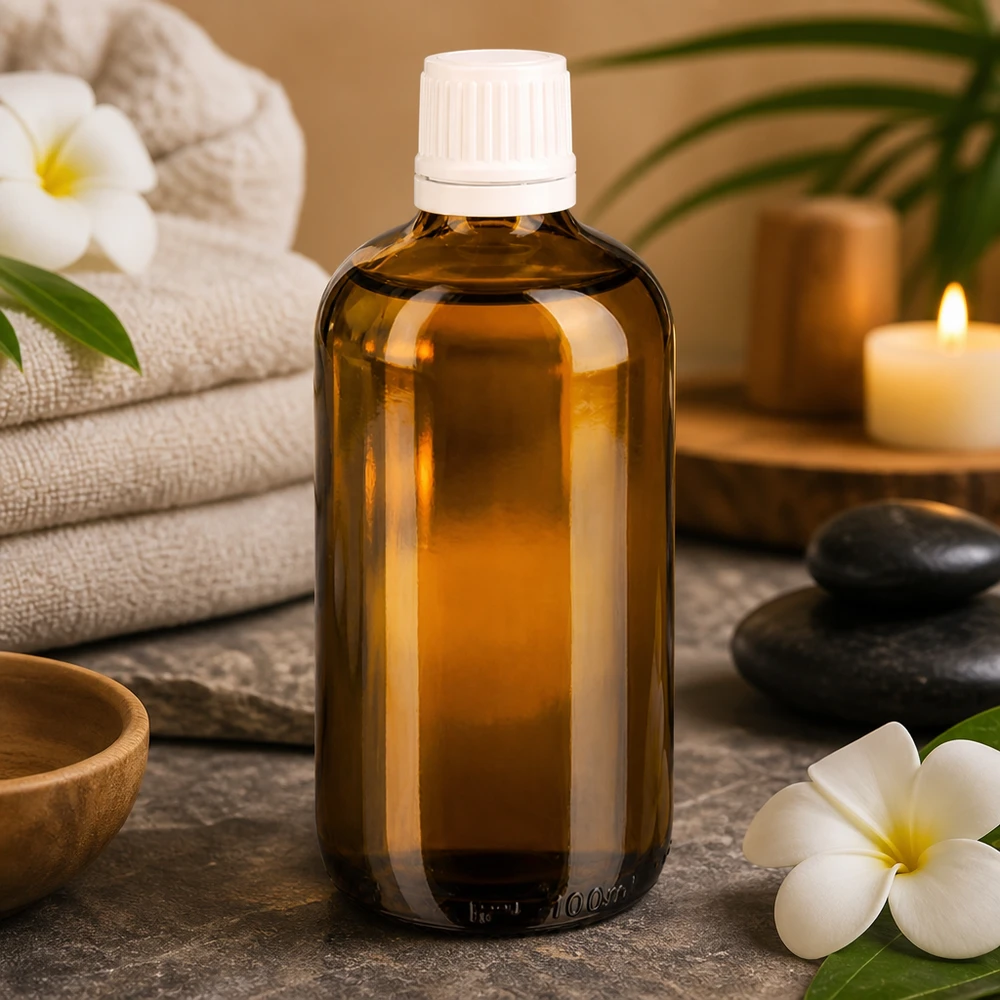 Flacon en verre anti-lumière de 100 ml avec bouchon compte-gouttes blanc, à côté de pierres de massage et d'un plumeria