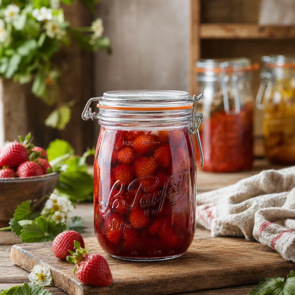 Bocal Le Parfait® 1 L Ø85 mm conserve 1000ml Le Parfait Super bocal à provisions avec fermeture à étrier rempli de fraises sur planche en bois dans une cuisine rustique