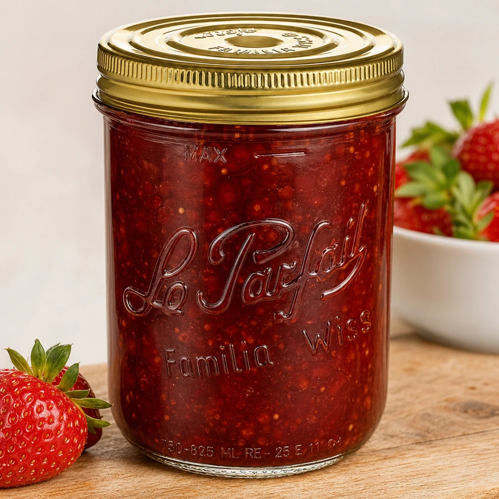 Pot Familia Wiss 1020ml avec couvercle à visser rempli de confiture de fraises à côté de fraises fraîches
