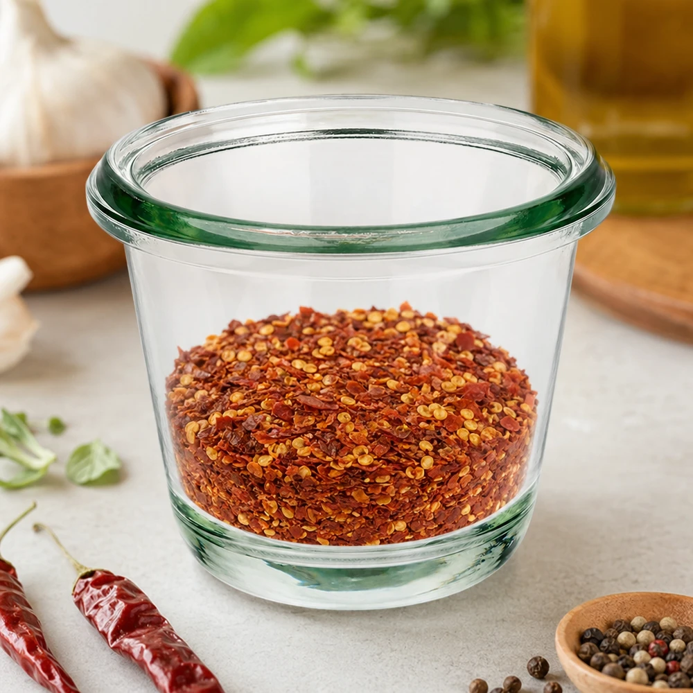 WECK Pot Gourmet RR60 80ml rempli de flocons de piment rouge entre des piments séchés et des grains de poivre