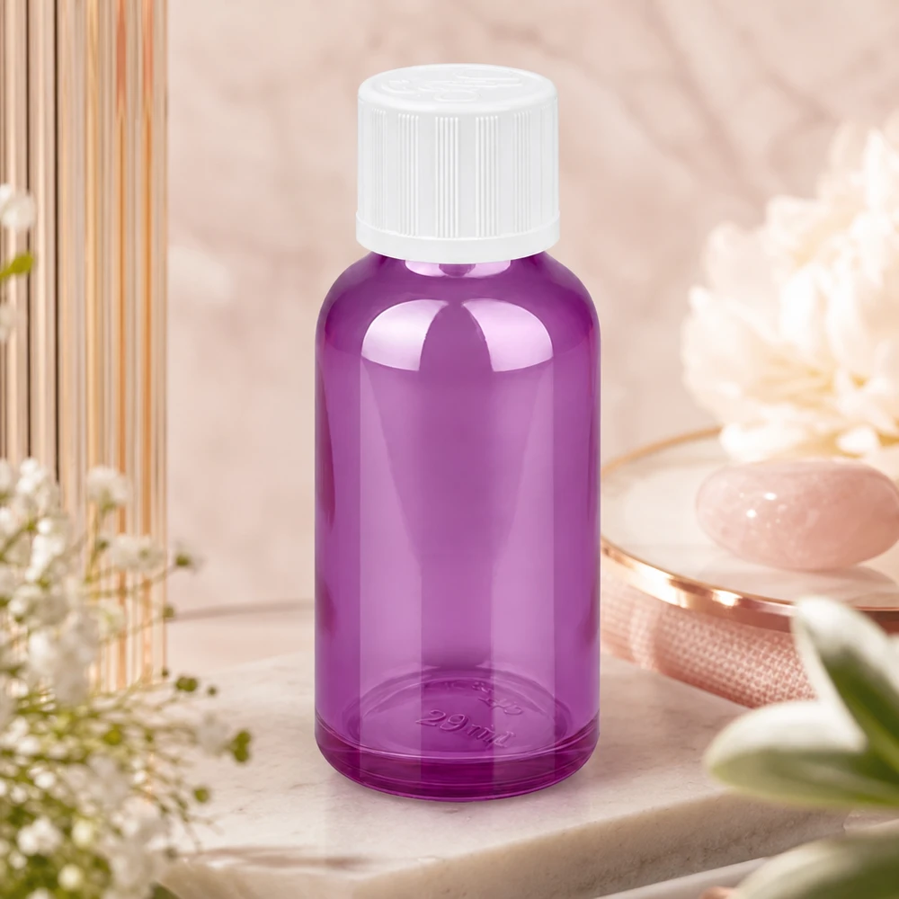 Flacon compte-gouttes 30ml 1.2mm blanc standard sécurité enfant PurpleLine.UT18/30 Flacon compte-gouttes robuste violet de 30 ml avec bouchon blanc, parfait pour les voyages et les déplacements.