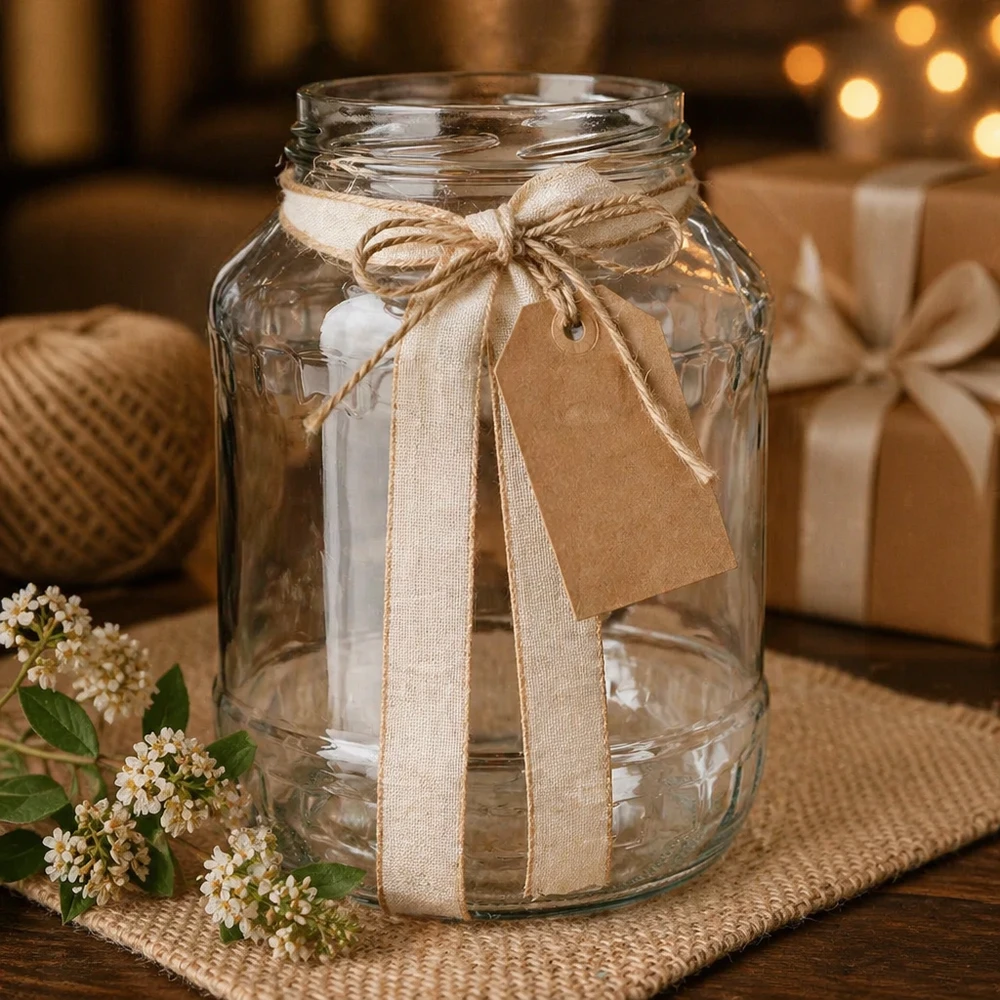 2650ml Verre rond sans couvercle (TO100) UNiTWIST UNiTWIST Runda2650 Verre renversé 2650ml comme décoration avec ruban en lin et étiquette cadeau décoration de table rustique TO100