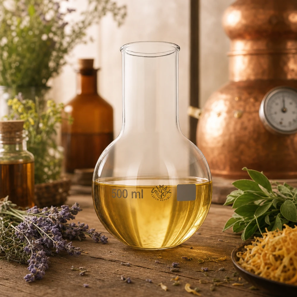 Ballon à fond plat 500ml col large borosilicate avec bord arrondi Ballon en verre à col large 500ml parfait pour l'aromathérapie et les processus de distillation naturelle