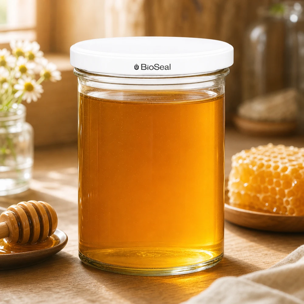 435ml Verre conique avec couvercle BioSeal blanc UNiTWIST UNiTWIST Pot renversé 435ml rempli de miel à côté d'un rayon de miel et d'une cuillère à miel montre le stockage naturel des aliments