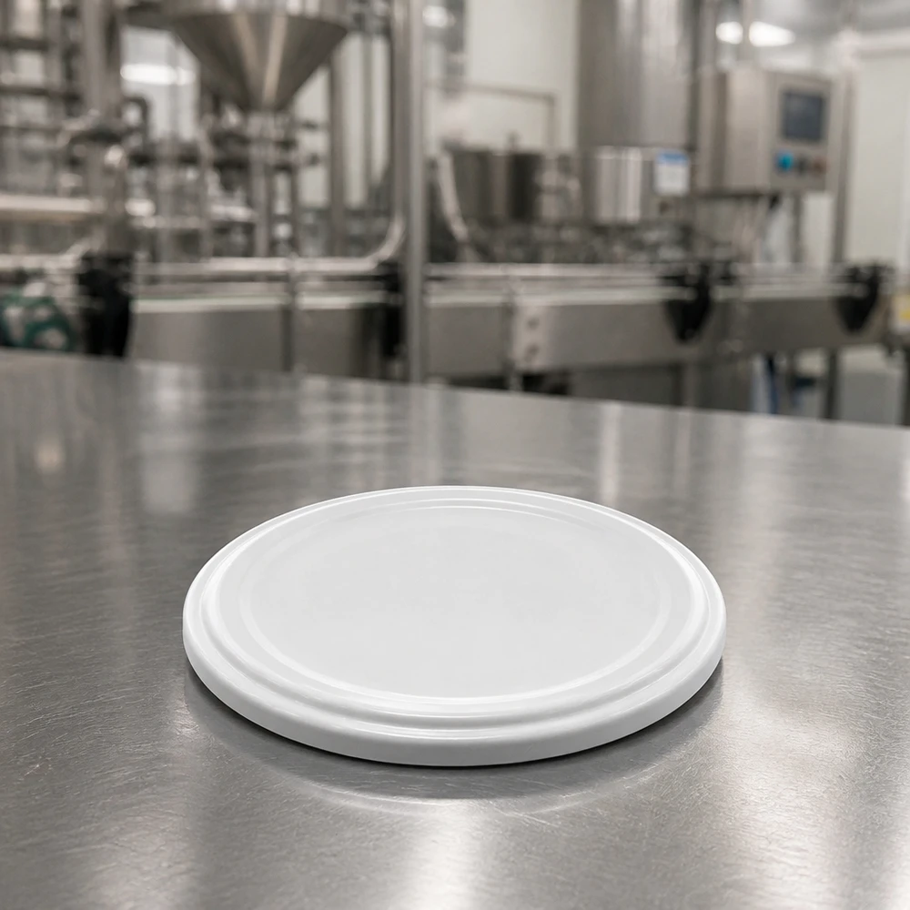 Couvercle blanc sans BPA UNiTWIST TO66 « unitemp » dans une ligne de conditionnement professionnelle