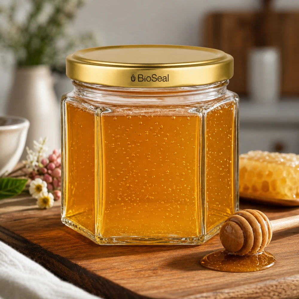 UNiTWIST Hexa47 Pot de miel avec couvercle TO43 BioSeal doré sur planche en bois avec cuillère à miel en cuisine naturelle