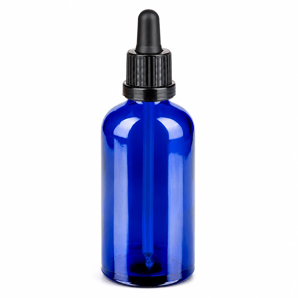 Flacon à pipette 100ml noir OV BlueLine UT18/100 Flacon-pipette professionnel de 100ml en bleu cobalt pour la protection contre les UV
