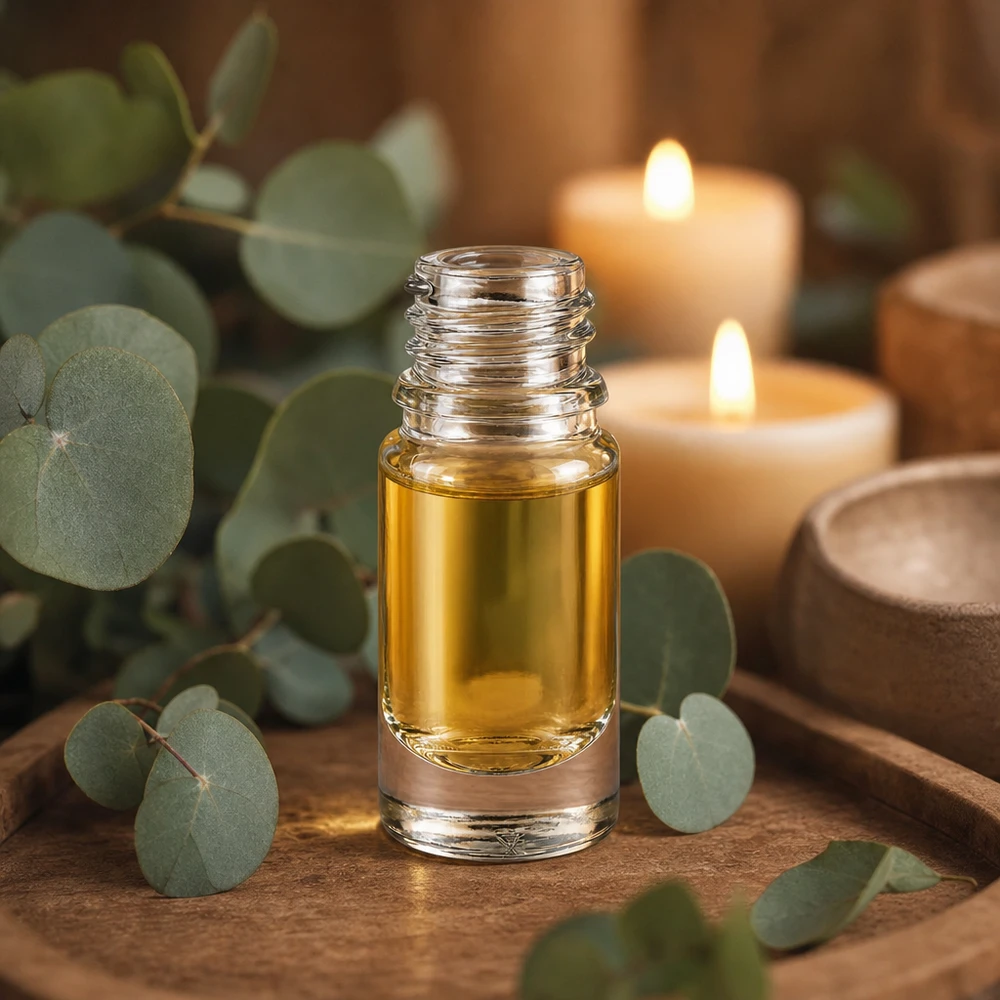 Flacon en verre transparent 5ml DIN 18 Bouteille de pharmacie de 5ml ApoGlas avec liquide jaune doré dans une atmosphère d'aromathérapie relaxante