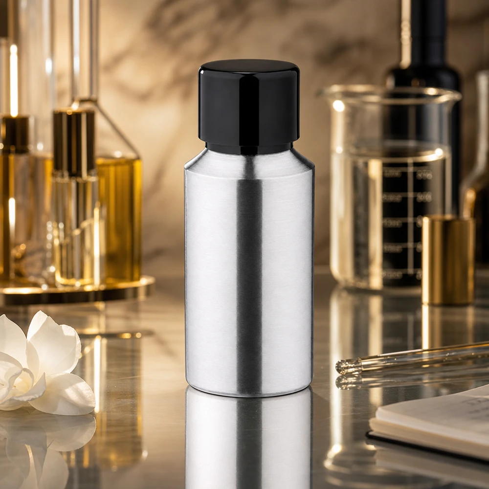 Bouteille en aluminium poncé 30 ml, avec bouchon à vis noir et joint conique Petite bouteille en aluminium rodé de 30ml parfaite pour les voyages et les déplacements