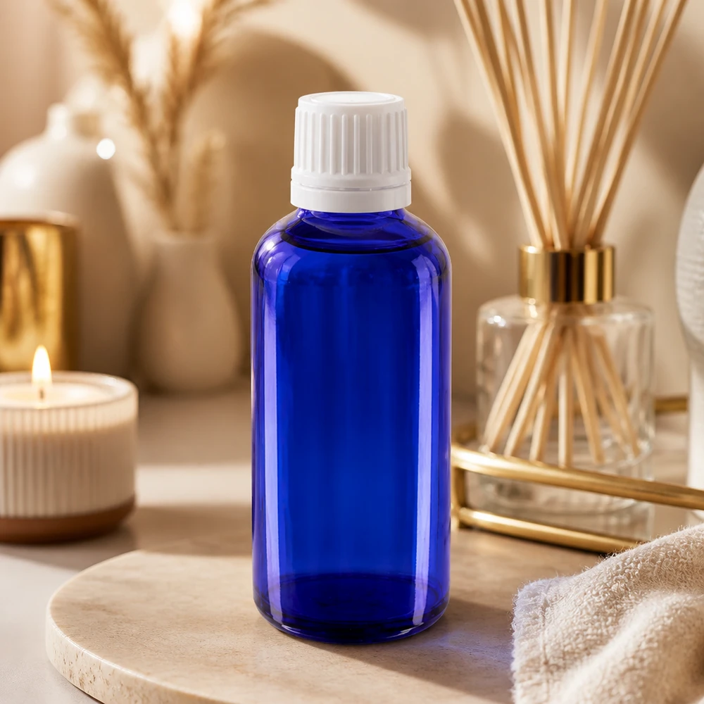 Flacon en verre bleu cobalt de 50 ml avec compte-gouttes OV de 0,7 mm pour la protection des liquides photosensibles