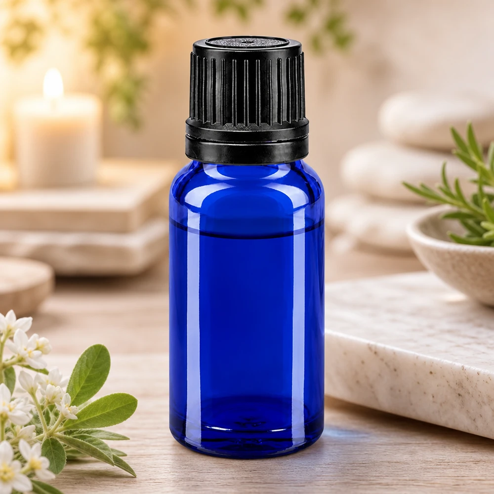 Flacon en verre de 10 ml, bleu royal, muni d'un compte-gouttes de précision de 1 mm et d'un bouchon à vis à l'épreuve des enfants
