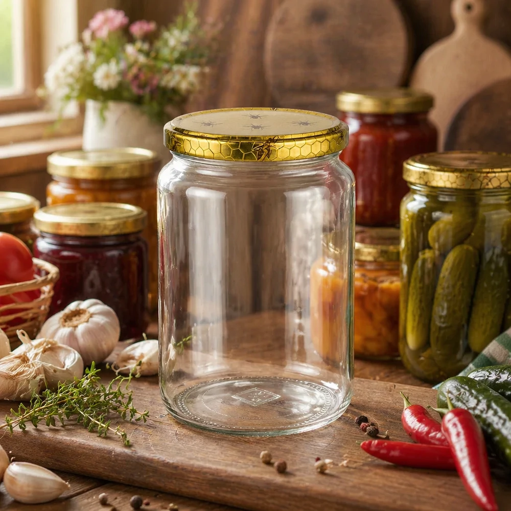 Pot de miel vide de 1000g avec couvercle doré en nid d'abeille entre des bocaux et des herbes fraîches dans une cuisine rustique