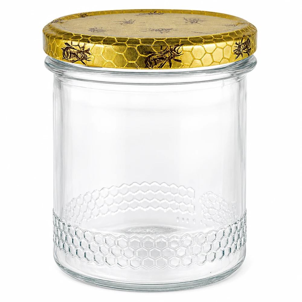Pot à miel de 400ml avec couvercle doré en nid d'abeille, pot vide en nid d'abeille pour le miel et l'apiculture