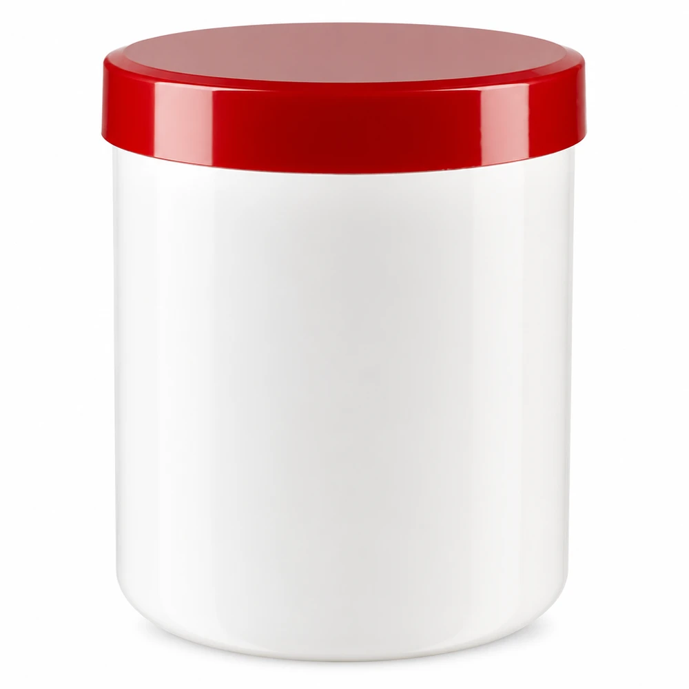 Boîte à col large de 100 g, blanche avec un couvercle rouge, idéale pour les pharmacies et les produits cosmétiques