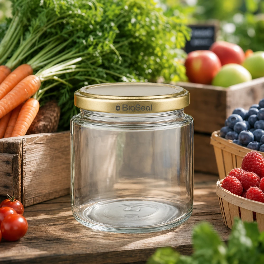 BioSeal 250ml pot de miel vide avec couvercle doré UNiTWIST entouré de fruits et légumes frais du jardin