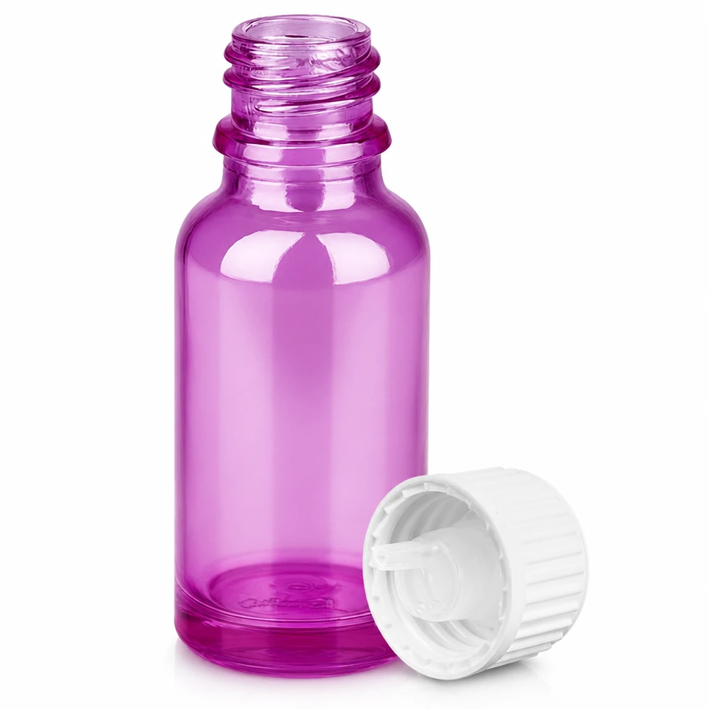 Flacon compte-gouttes 20ml 0.9mm blanc standard PurpleLine. UT18/20 Flacon compte-gouttes compact violet 20ml avec bouchon blanc pour l'aromathérapie et les soins