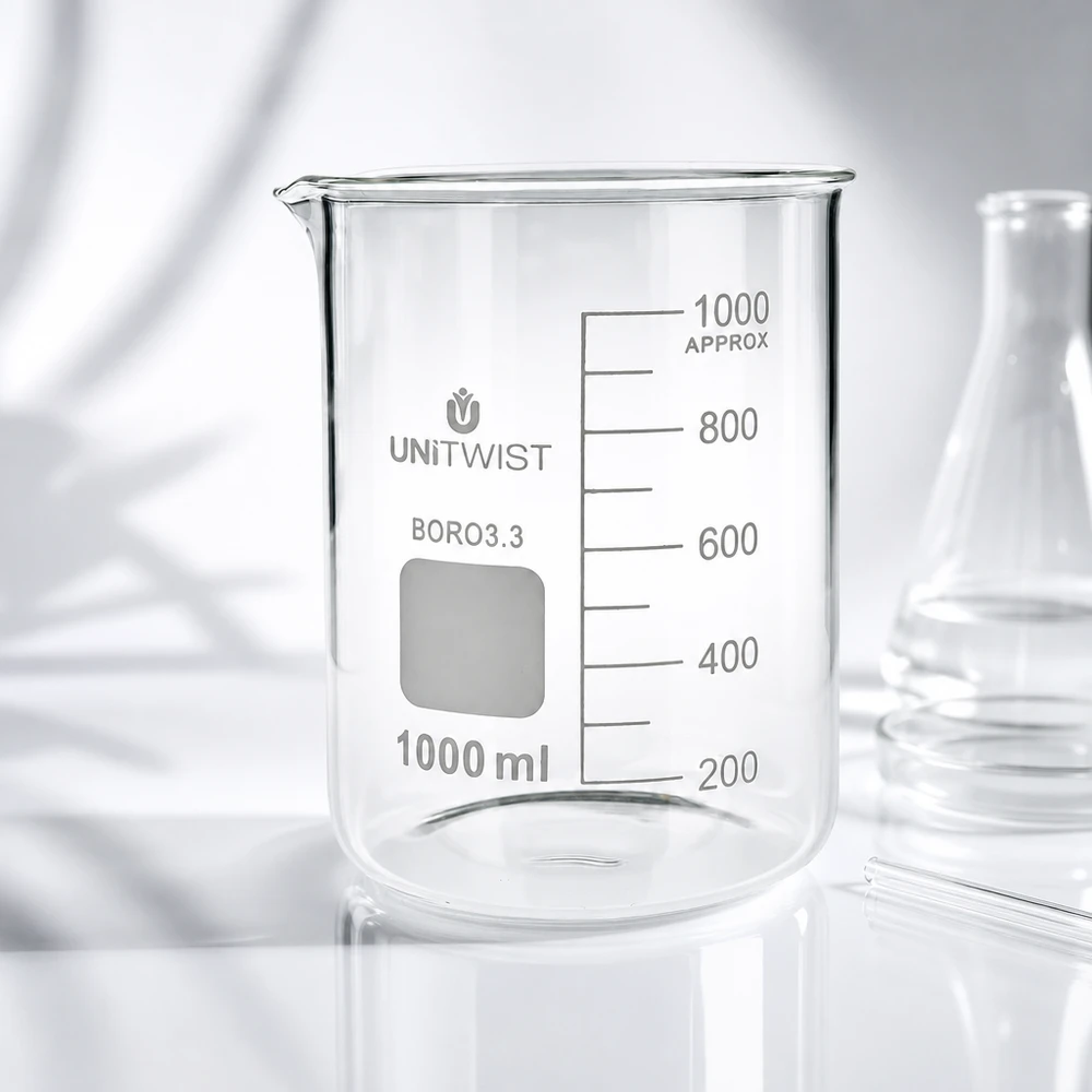 Bécher en borosilicate de 1 000 ml, de forme basse, avec un flacon d'Erlenmeyer et une baguette en verre à l'arrière-plan