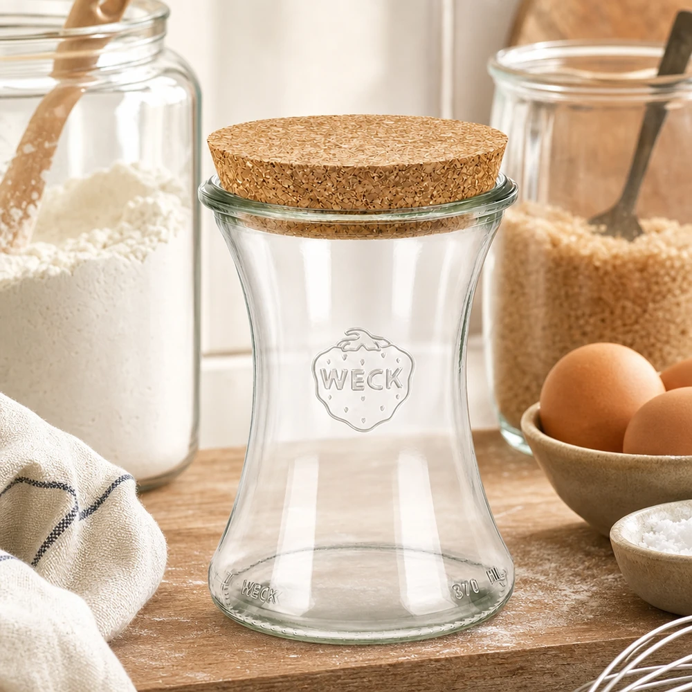 WECK Pot à provisions 370ml RR80 avec couvercle en liège dans la cuisine rustique entre les pots de farine les œufs et les ingrédients de cuisson