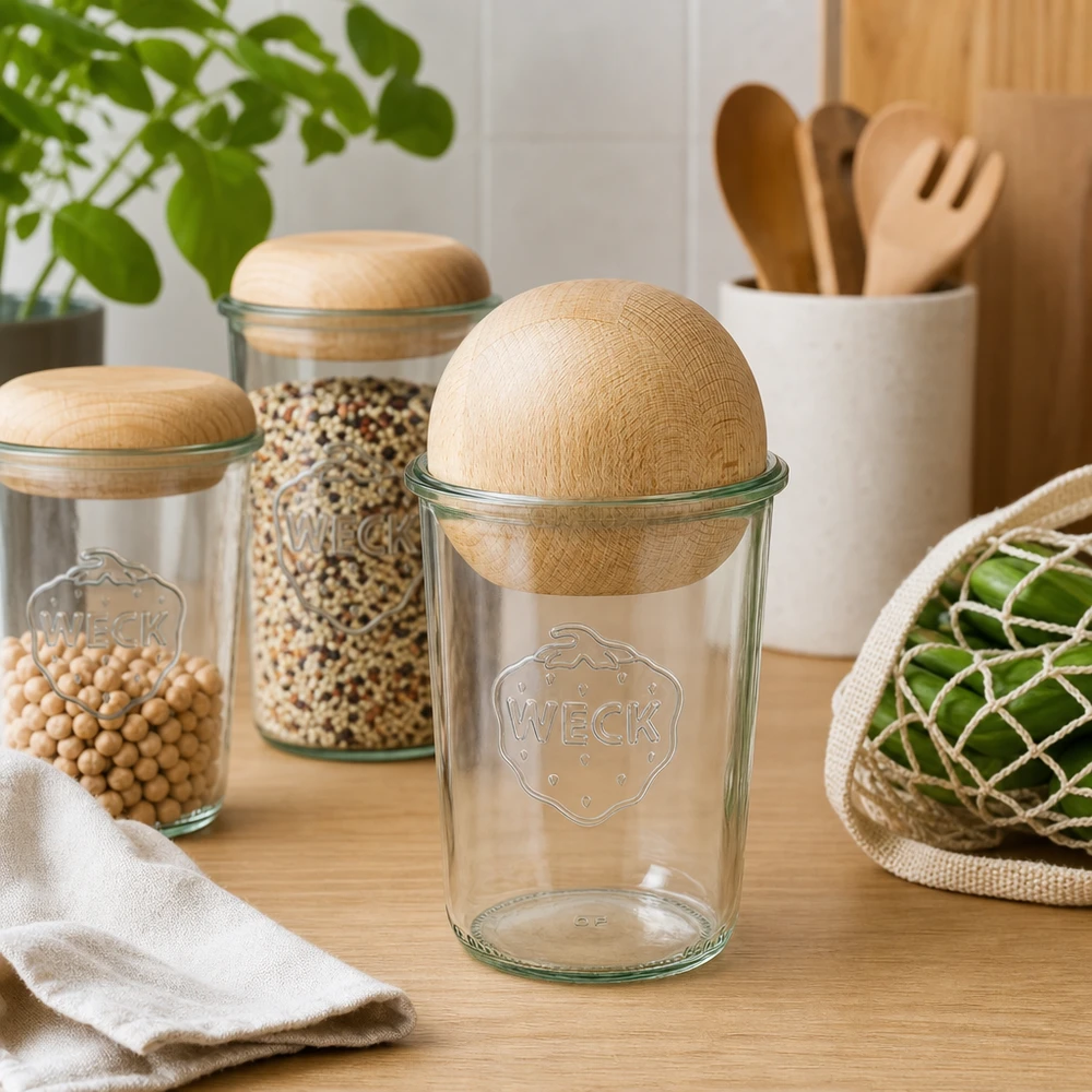 WECK RR100 Verre renversé 850ml vide avec boule en bois de hêtre sur table en bois, aménagement durable de la cuisine avec ustensiles de réserve