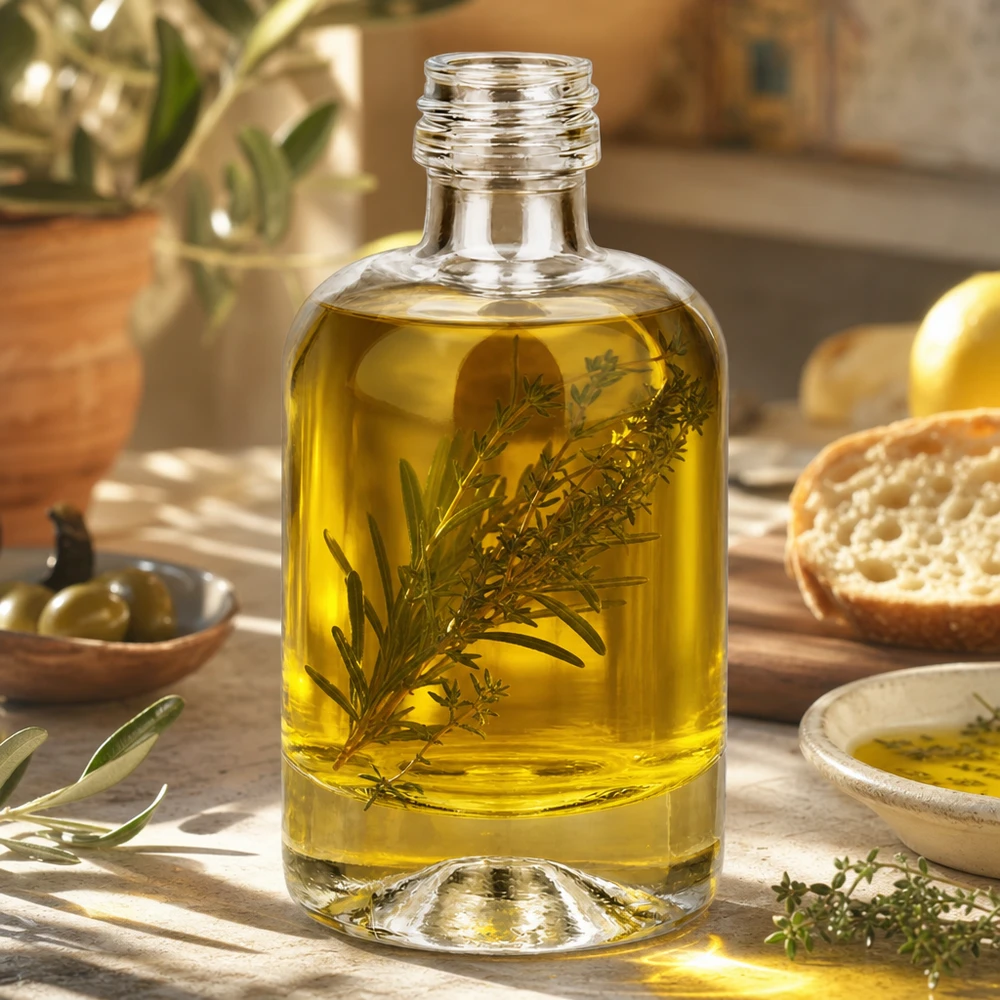 Flacon en verre 40 ml « Sara » sans bouchon à vis UNiTWIST® Bouteille en verre Sara de 40 ml remplie d'huile aux herbes comme exemple d'utilisation pour la cosmétique et l'aromathérapie