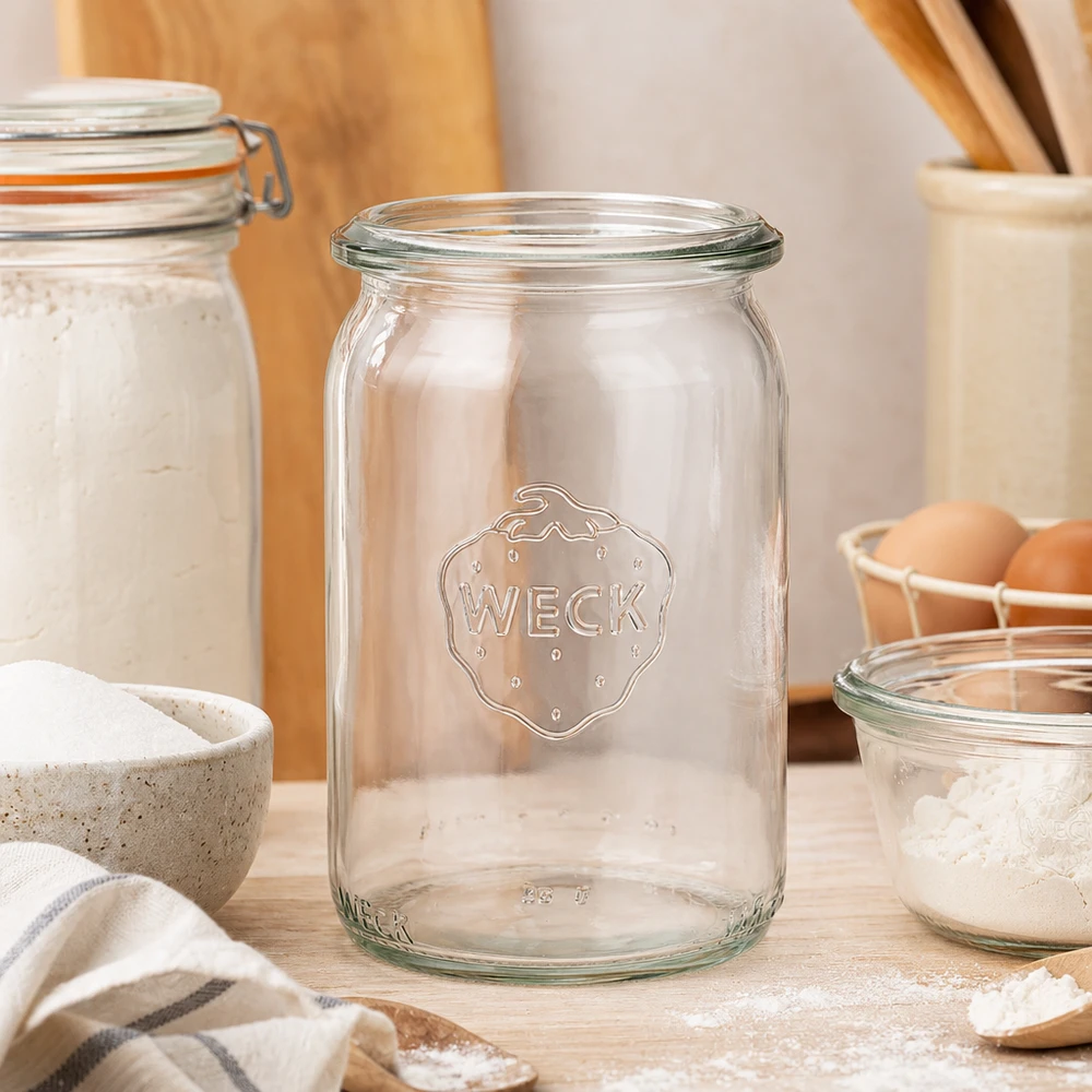 WECK RR40 Verre cylindrique 145ml mis en scène de manière atmosphérique dans une cuisine moderne entre des bocaux à provisions avec de la farine et des œufs