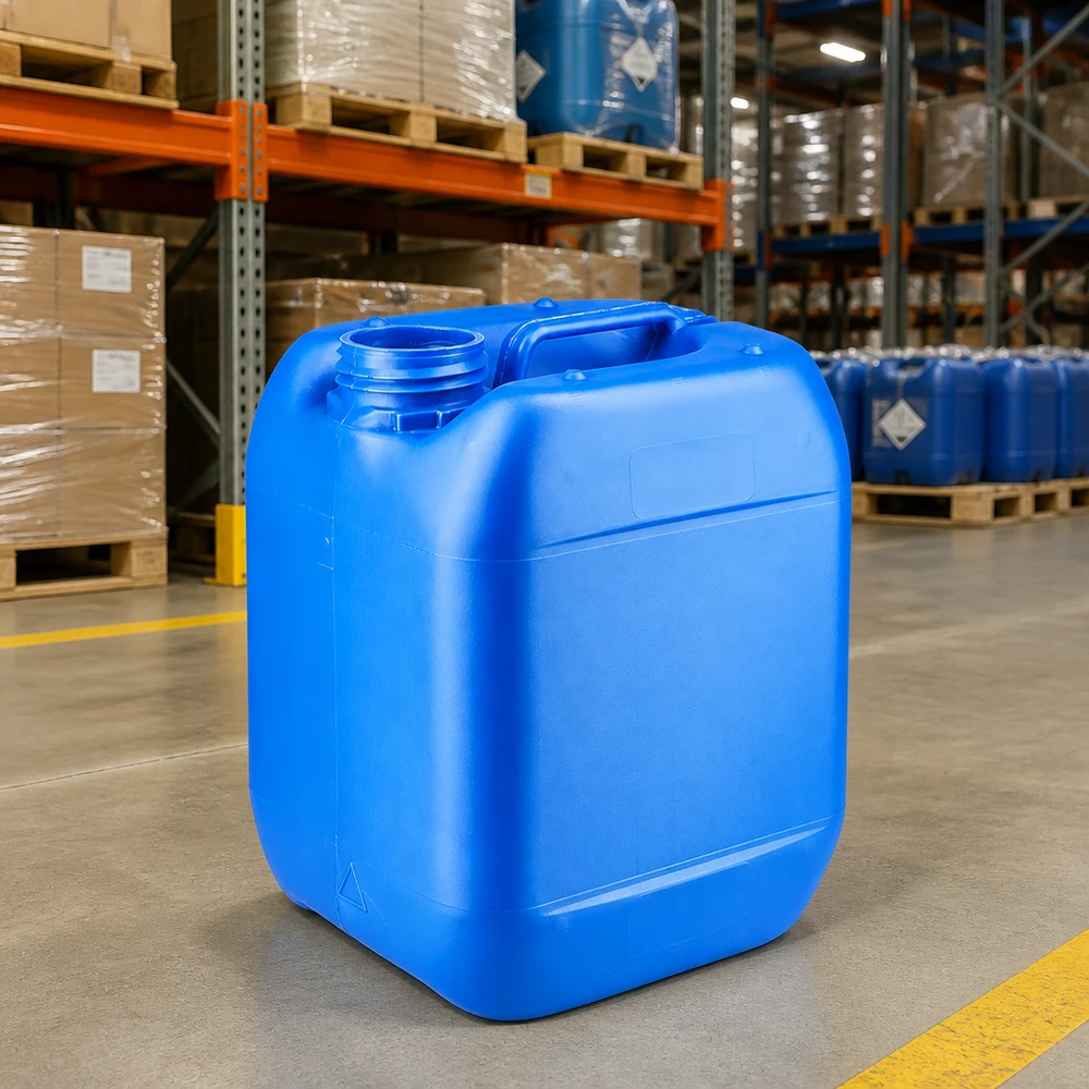 Bidon vide de 5 litres, bleu, sans couvercle, posé sur le sol en béton d'un entrepôt industriel