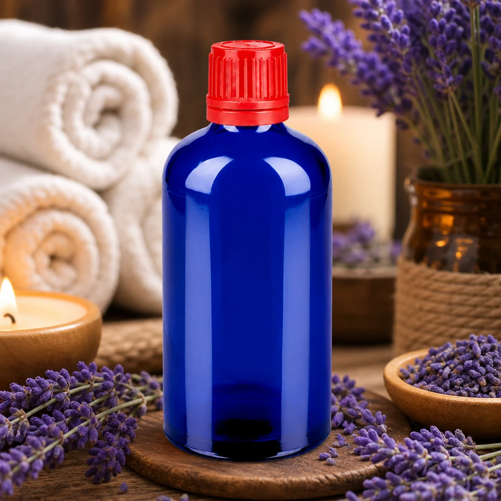 Flacon 100ml 11mm SV rouge OV BlueLine UT18/100 Flacon de pharmacie bleu foncé de 100 ml avec protection UV et bouchon rouge de sécurité pour les enfants
