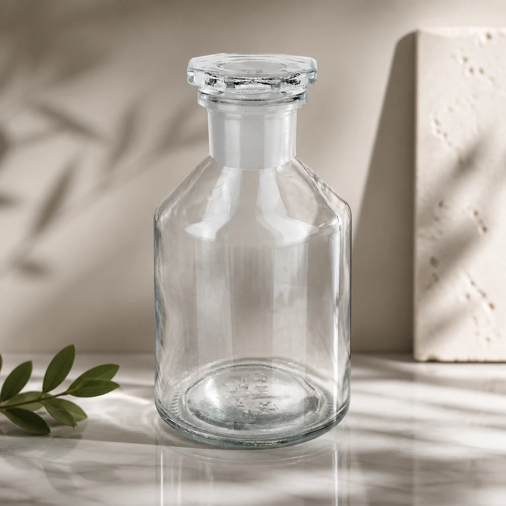 Flacon à col étroit et conique 50 ml en verre clair + bouchon de verre Flacon en verre compact de 50 ml, à col droit, muni d'un bouchon en verre anguleux, sur fond clair
