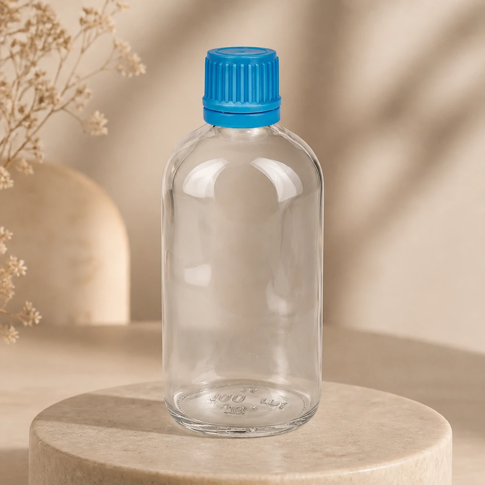 Flacon 100ml 11mm SV bleu OV ClearLine UT18/100 Flacon de pharmacie vide de 100 ml en verre transparent, muni d'un bouchon à vis bleu strié, posé sur un socle en pierre