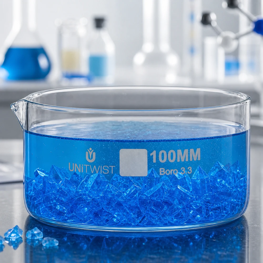 UNiTWIST Coupelle de cristallisation ø 100 mm, verre borosilicaté, cristallisation d'une solution bleue, matériel de laboratoire