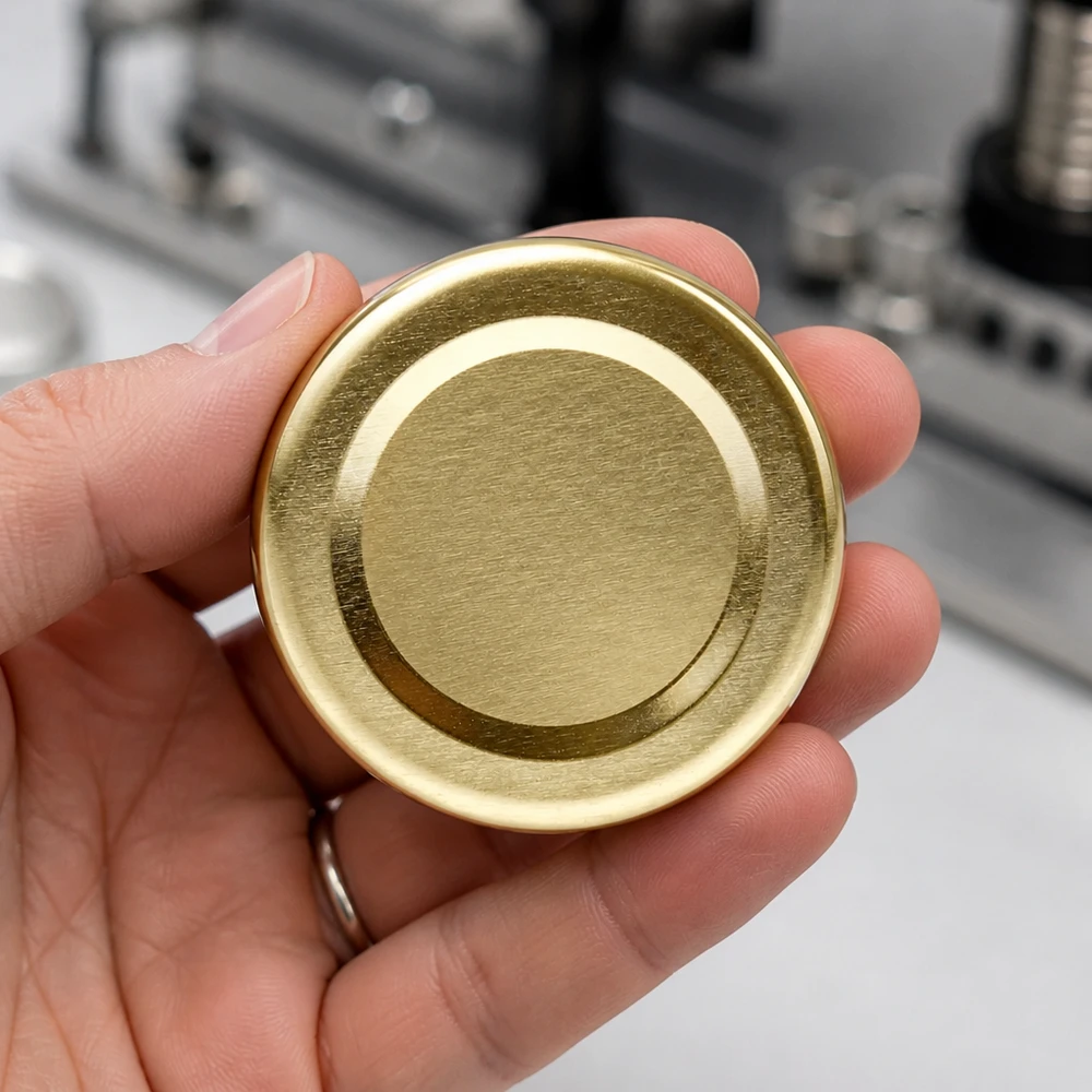 Couvercle BasicSeal 48 mm TO48 doré UniTwist, pièce unique, comparaison de taille dans la paume de la main
