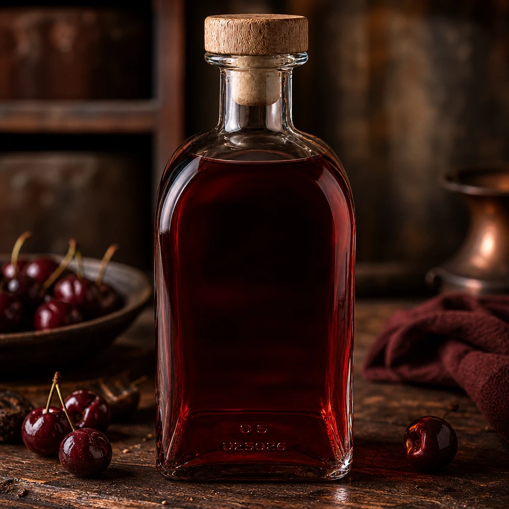 Bouteille en verre Julia de 500ml avec bouchon remplie de liqueur de cerise rouge sur bois rustique avec des cerises fraîches