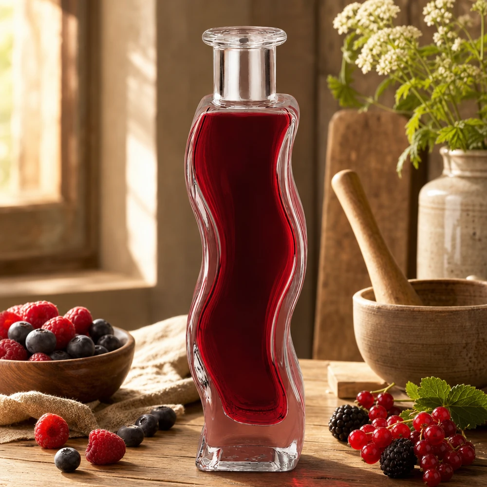 Flacon en verre « Melissa » 100 ml sans bouchon UNiTWIST® Glasflasche Melissa 100ml mit rotem Beerensaft in natürlicher Küche umgeben von frischen Beeren und Holzschalen
