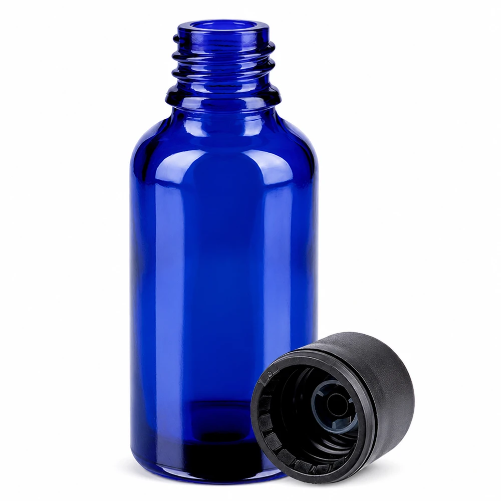Flacon de 30ml 6mm SV noir STD BlueLine UT18/30 Flacon compte-gouttes compact de 30 ml en verre bleu avec couvercle noir pour un dosage précis