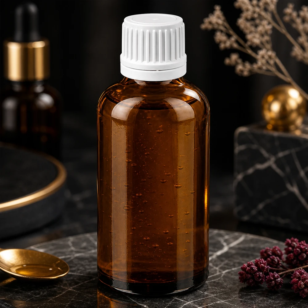 Flacon 50ml 11mm SV blanc OV BrownLine UT18/50 Flacon médical de 50ml en verre brun anti-UV avec bouchon blanc sécurisé pour les produits de pharmacie