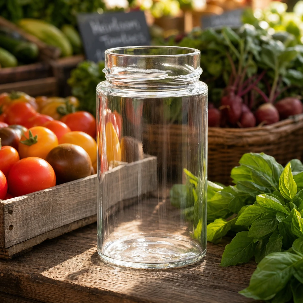245ml Verre rond sans couvercle (TO58deep) UNiTWIST UNiTWIST Runda245 Pot rond 245ml TO58deep Pot de conserve transparent sur table en bois avec tomates fraîches et herbes aromatiques