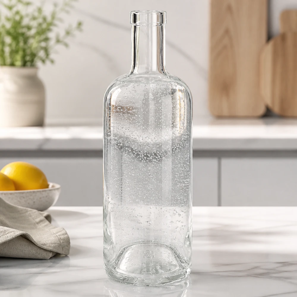 Flacon en verre 750 ml « Emma » sans bouchon UNiTWIST® Bouteille en verre Emma de 750 ml vide dans une cuisine blanche sur un plateau en marbre avec un citron et un torchon comme décoration