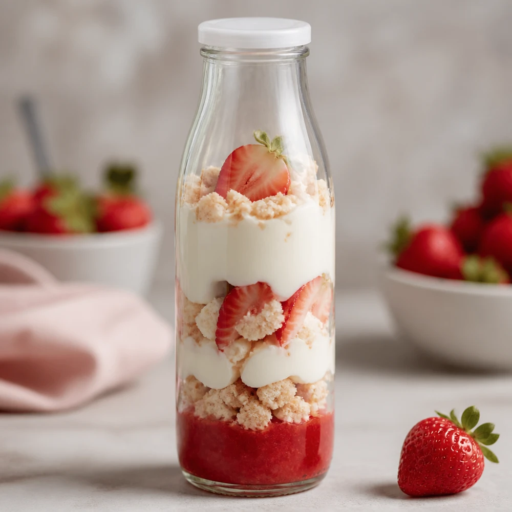Bouteille en verre de 500 ml avec couvercle blanc BasicSeal comme verre à dessert rempli de fraises à la crème et de vermicelles
