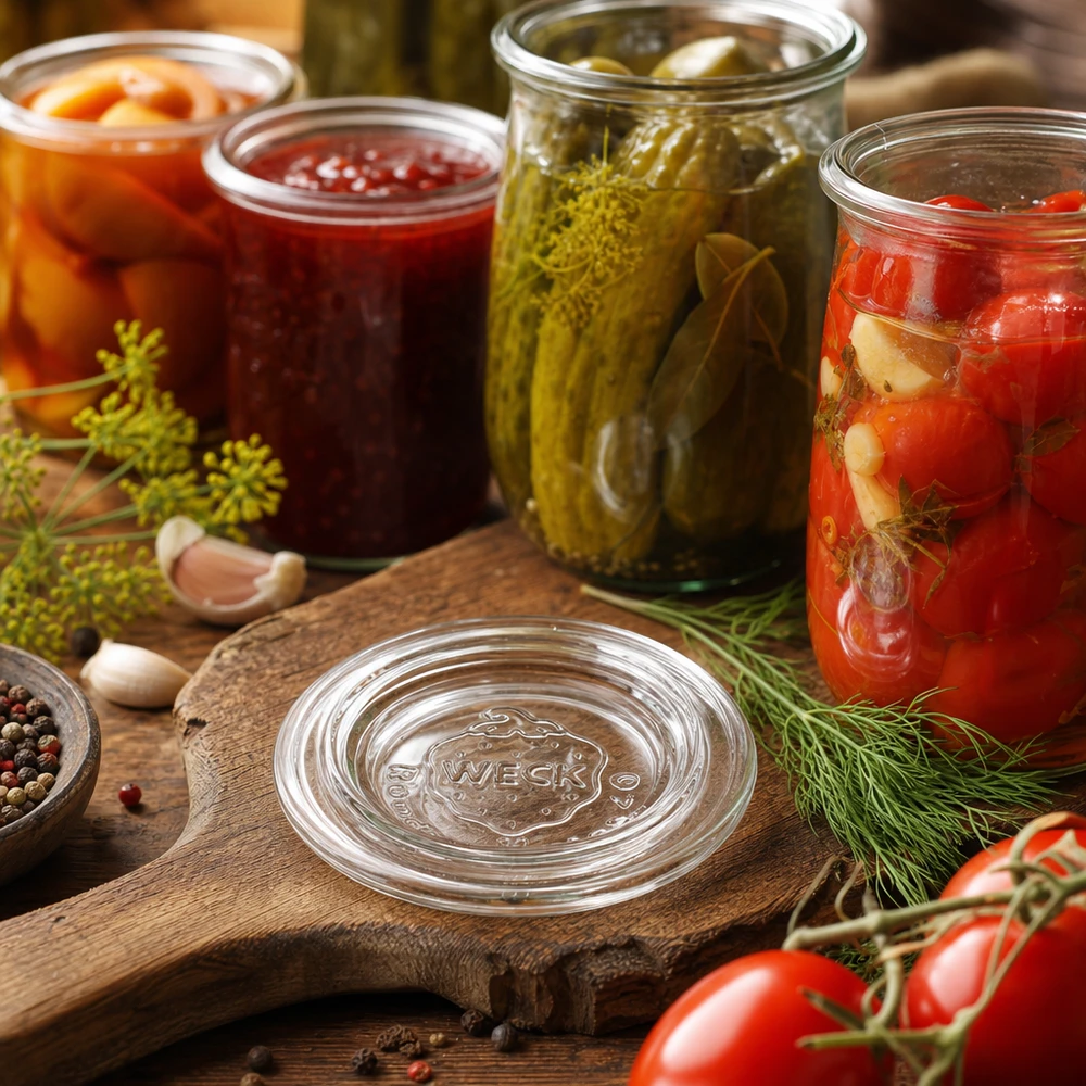 WECK Couvercle en verre RR40 dans une scène de cuisine avec des concombres, des tomates et de la confiture en bocaux