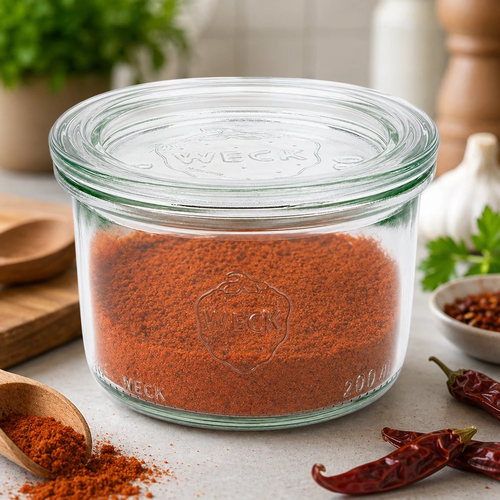200ml bocal conique avec bouchon en verre WECK RR80 WECK Bocal 200ml RR80 rempli de paprika en poudre montre une conservation optimale des épices à côté des piments.