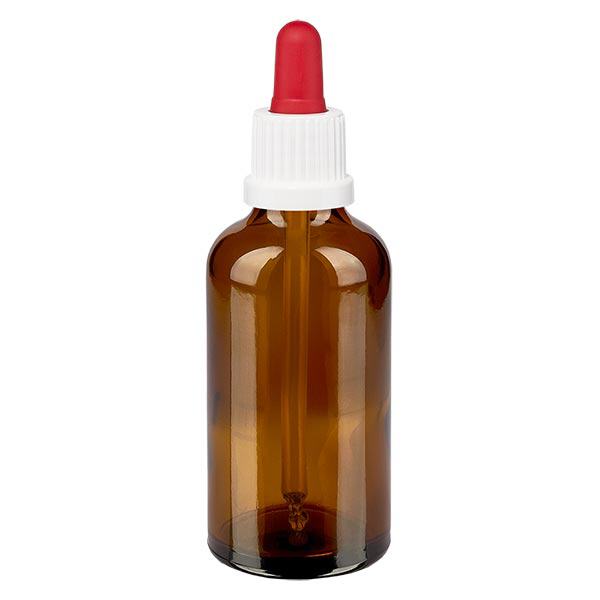 Flacon à pipette brun 50 ml + pipette rouge et blanche à système d'inviolabilité Flacon à pipette brun 50 ml + pipette rouge et blanche à système d'inviolabilité