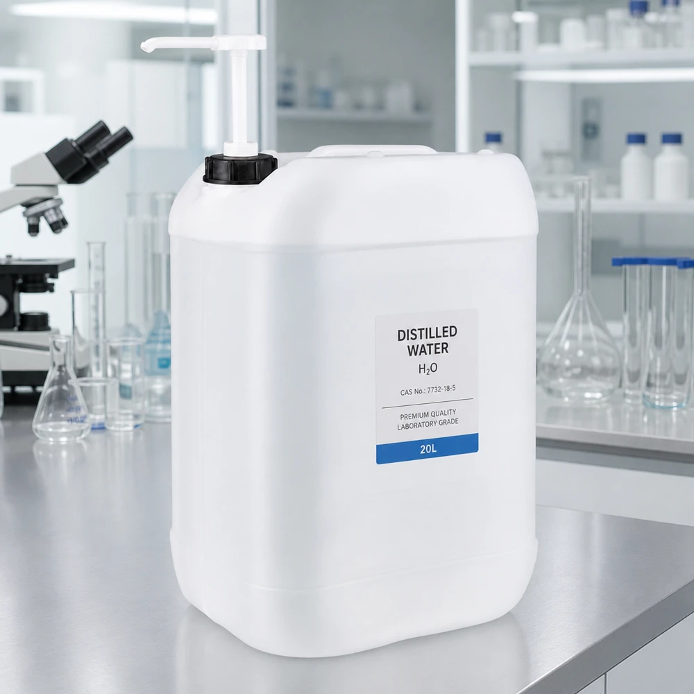 Grand bidon blanc muni d'une pompe pour un dosage précis en laboratoire