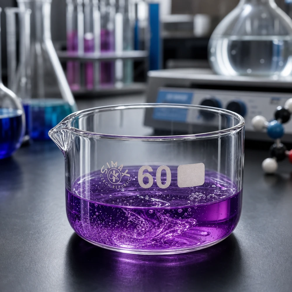 Simax, cuvette en verre de 60 ml, liquide de couleur pourpre, produisant des bulles, réaction chimique, montage de laboratoire