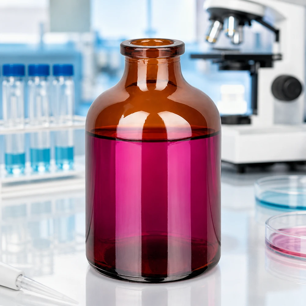 Braunglas Injektionsflasche 50ml mit breitem Zylinderkörper und eingezogenem Hals im Labor