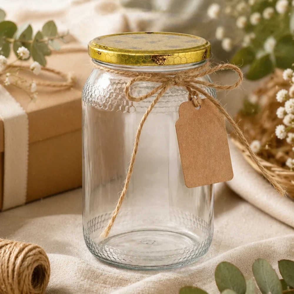 Pot de miel 900ml vide avec étiquette en papier kraft et ficelle de jute comme emballage cadeau décoration rustique