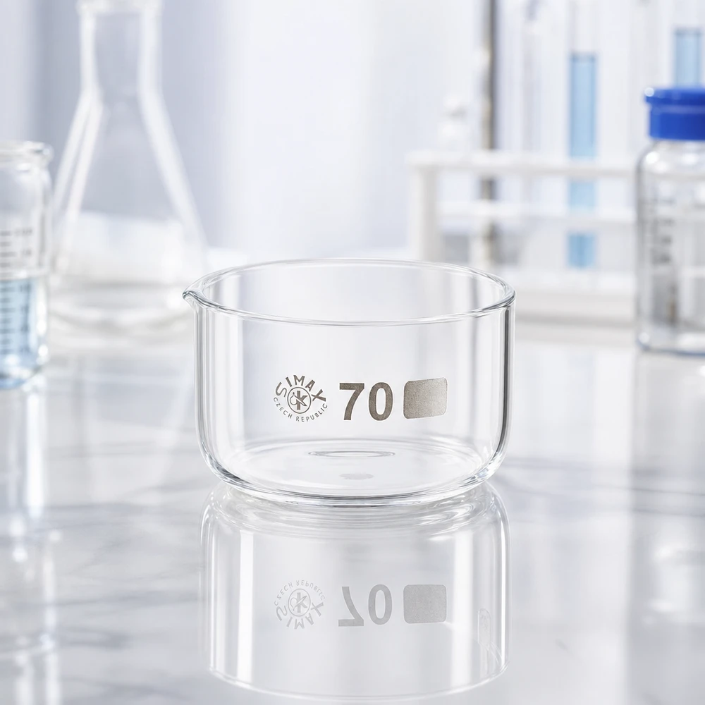 Coupelle de cristallisation vide en verre borosilicaté transparent posée sur une surface de laboratoire réfléchissante