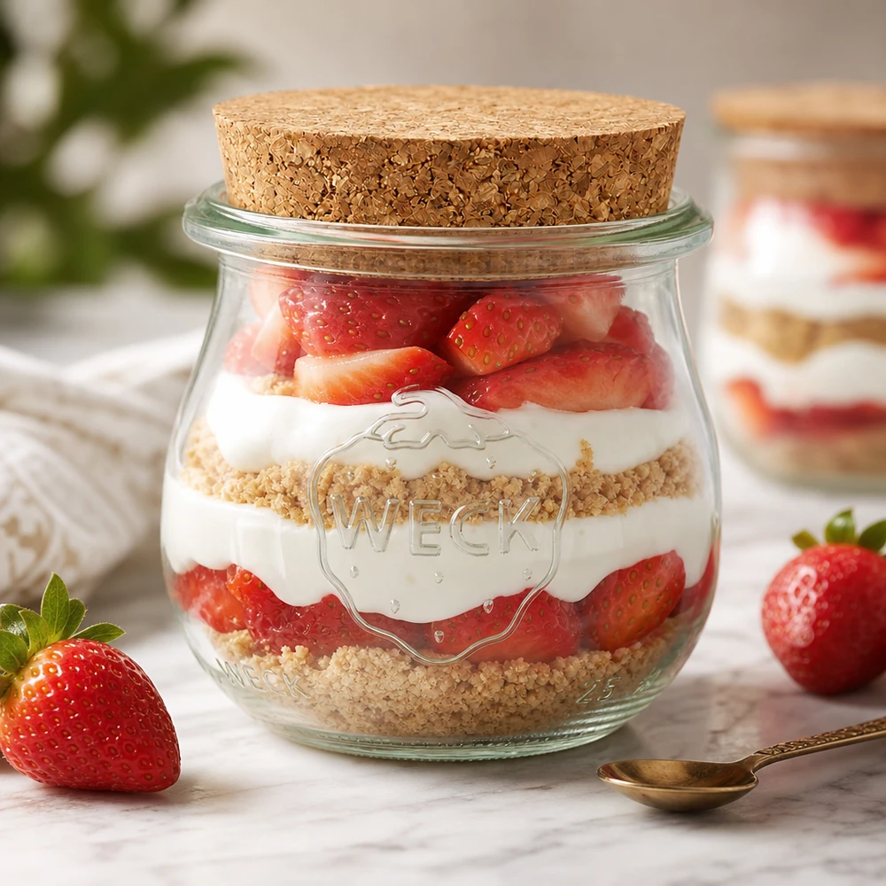75ml bocal tulipe WECK RR40 avec bouchon nature WECK Verre tulipe 75ml RR40 comme verre à dessert avec des fraises et de la crème en couches Bouchon en liège Dessert en verre