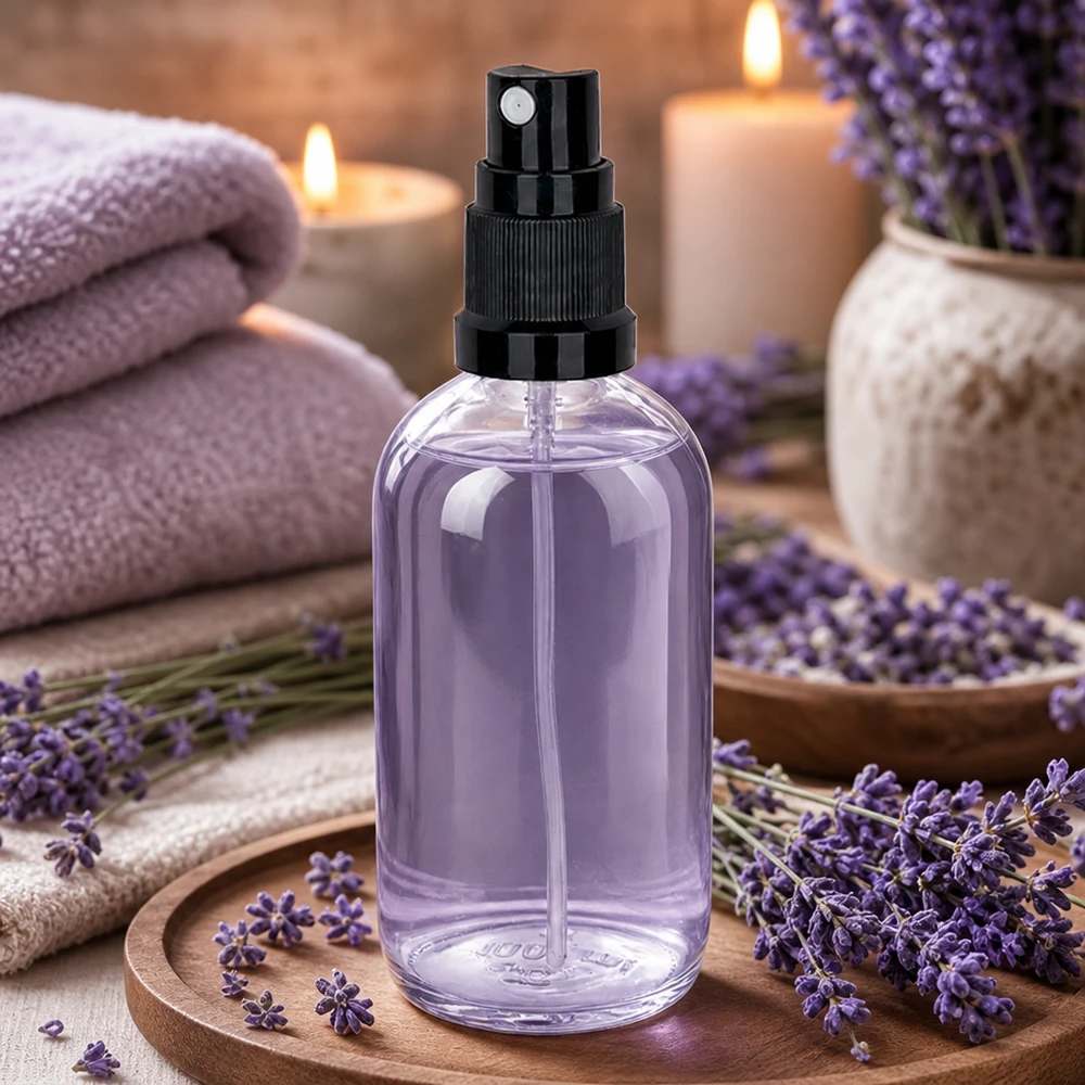 Spray aromatique à la lavande dans un flacon en verre ClearLine de 100 ml avec vaporisateur noir, présenté sur un plateau en bois