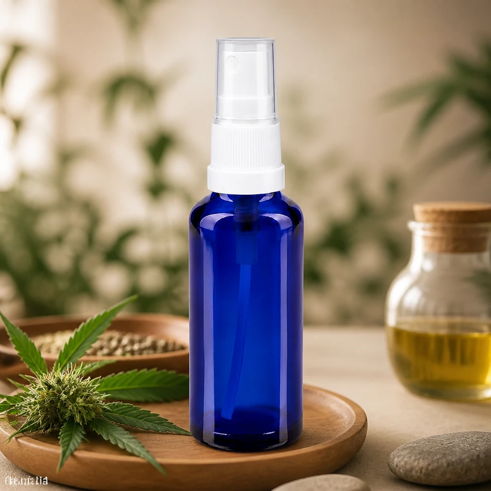 Petit flacon vaporisateur en verre bleu de 30 ml avec bouchon de protection transparent, dans un cadre naturel propice au bien-être